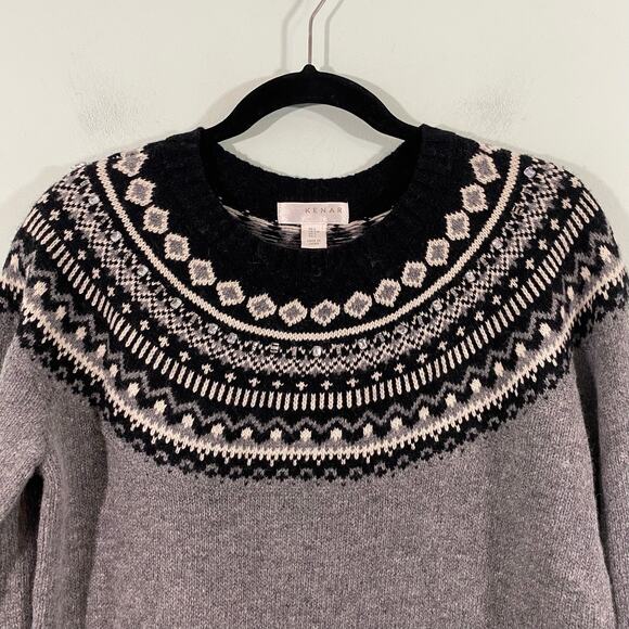 Kenar Women Black & Grey Lambswool Blend Bejeweled Fair Isle Sweater Size L NWT - Picture 2 of 10